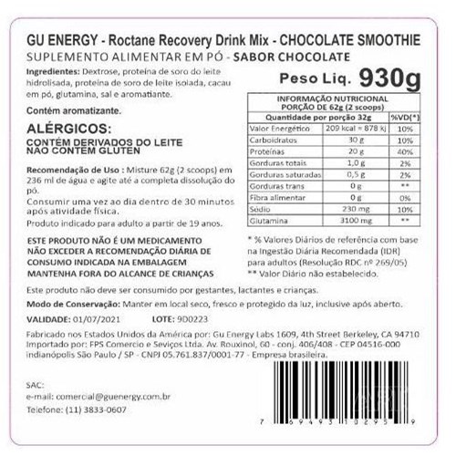 Suplemento GU ROCTANE Protein Recovery Drink Chocolate Smoothie 930g GU